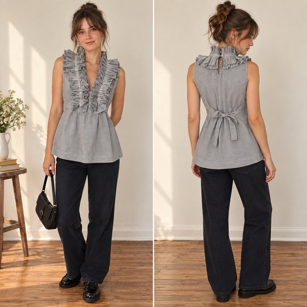 Ruffle V Neck Pinstripe Top Size S Sleeveless Tie Waist Twee Academia Edwardian